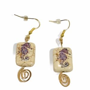 Seahorse Dangle Earrings, Gold Tone, Cream, Purple
